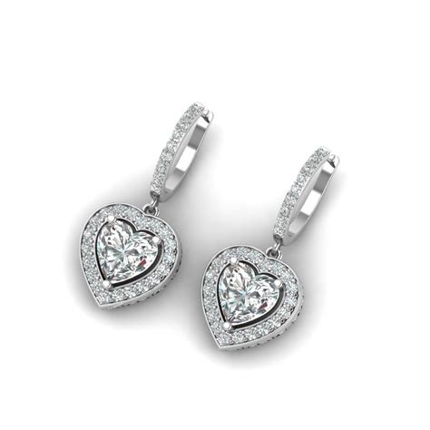 Heart Halo Drop Dangle Earring In 14k White Gold Fascinating Diamonds
