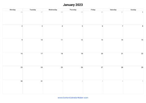 January 2023 Monday Start Calendar Monday To Sunday