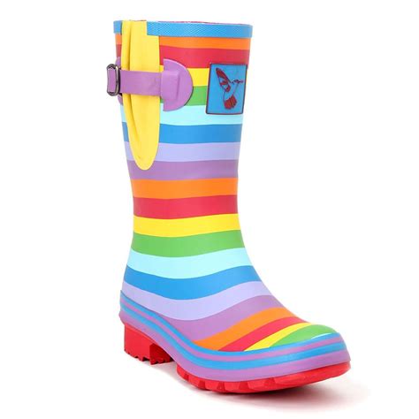 Womens Rain Boot Waterproof Mid Calf Boots Rainbow Stripes Cute Animal
