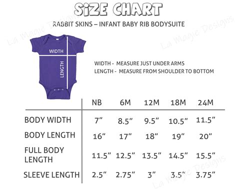 Rabbit Skins 4400 Infant Baby Rib Bodysuit Size Chart Rs4400 Etsy