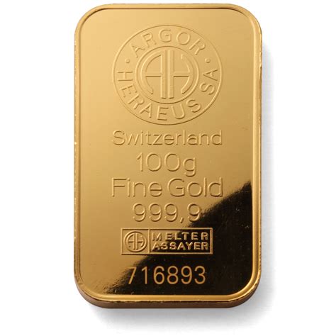 Argor Heraeus 100g Gold Bar 24 Carat 9999 Fine Gold Bars