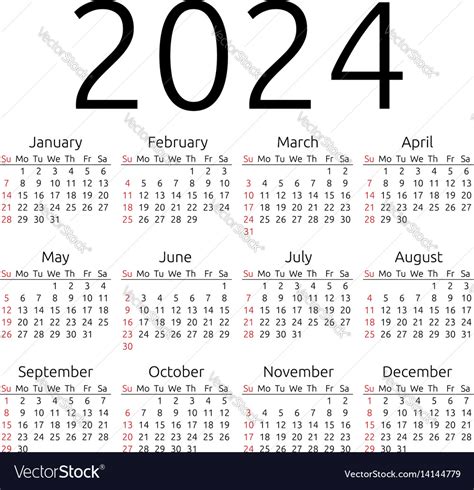 Calendar 2024 sunday Royalty Free Vector Image