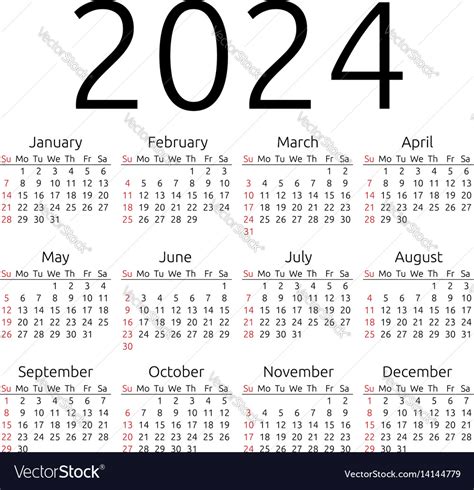 Calendar 2024 Sunday Royalty Free Vector Image