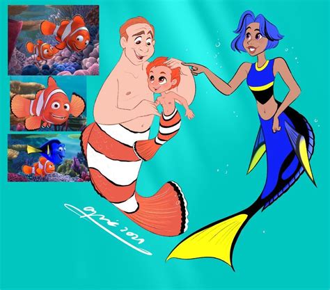 Marlin Nemo Both As Mermen And Dory As A Mermaid Drawing By