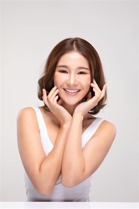 897 Beautiful Young Asian Woman Touching Soft Cheek Smile Clean Fresh