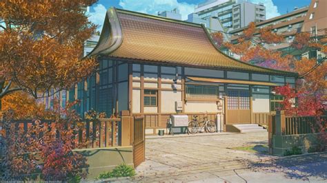 Wallpaper Anime Landscape Traditional Building Scenic Bicycle Fence Trees House