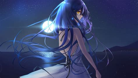 Download Night Out Anime Girl Blue Long Hair 1920x1080 Wallpaper