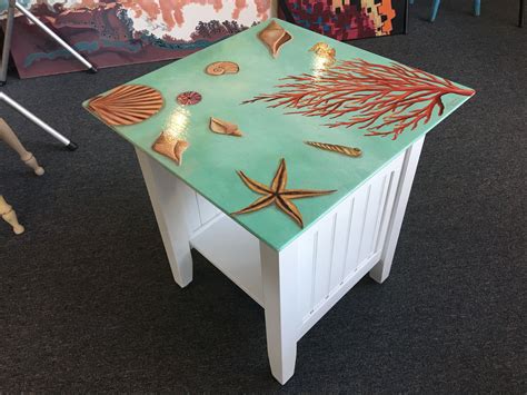 Coastal Hand Painted Furniture Coastal Art On Table Seashells Table