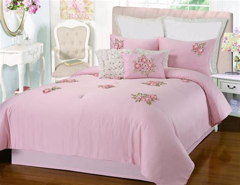 Rosetta Floral Bouquet Applique Pink 5 Piece Embroidery Comforter Bed In A Bag Set Comforter