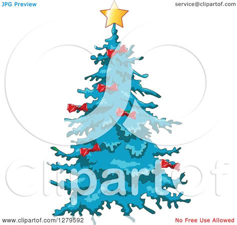 Clipart Of A Blue Christmas Tree With Red Bows And A Star