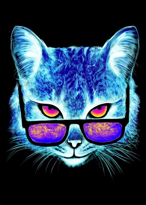 Neon Cat With Sunglasses Poster Picture Metal Print Paint By