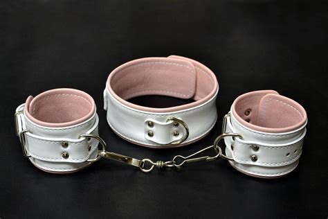White Pink Leather Bdsm Set Bondage Collar Restraints Cuffs Etsy