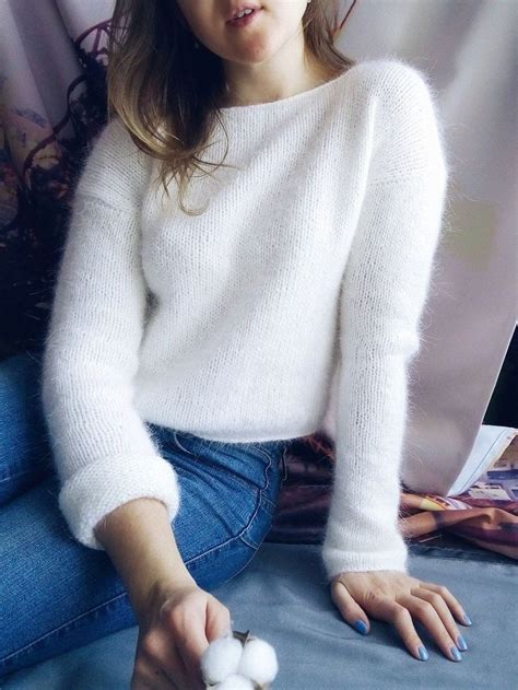 Angora Sweater White Handknit Fluffy Sweater For Woman Etsy Angora
