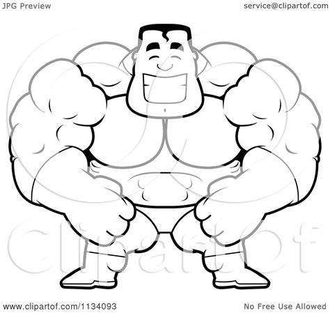 Cartoon Clipart Of An Outlined Happy Buff Super Hero Guy Black And