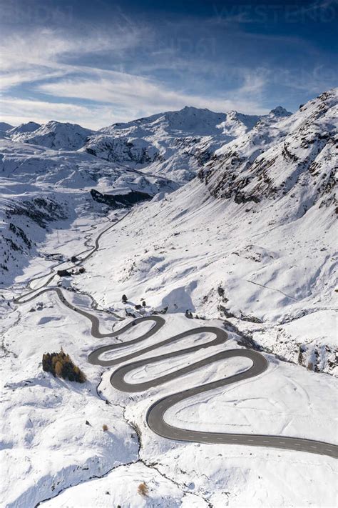 Aerial View Of Winding Mountain Road In The Snow Julier Pass Albula