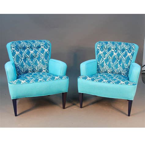 This fabric has a 28.5 x 20 construction. Pair of Turquoise Sala Chairs Draper Era For Sale at 1stdibs
