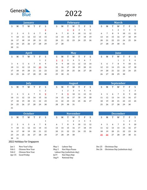 Printable Calendar 2022 Singapore Holidays