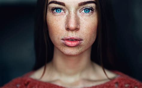 Women Brunette Blue Eyes Freckles Face Looking At Viewer Wallpaper