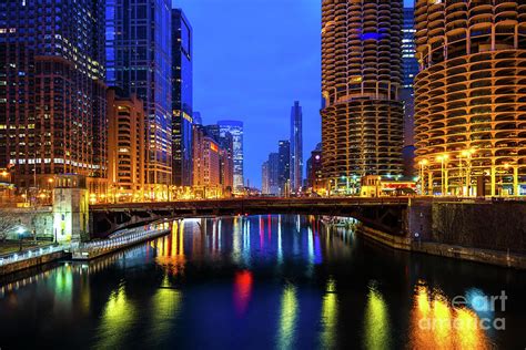 Downtown Chicago River Night Cityscape Ultra High Resolution Pho