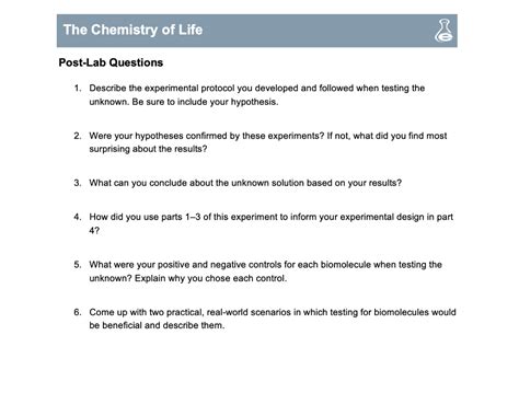 Solved The Chemistry Of Life Pre Lab Questions 1 What Is