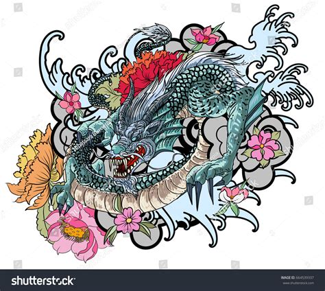 Vektor Stok Full Color Asian Dragon Tattoo Coloring Tanpa Royalti