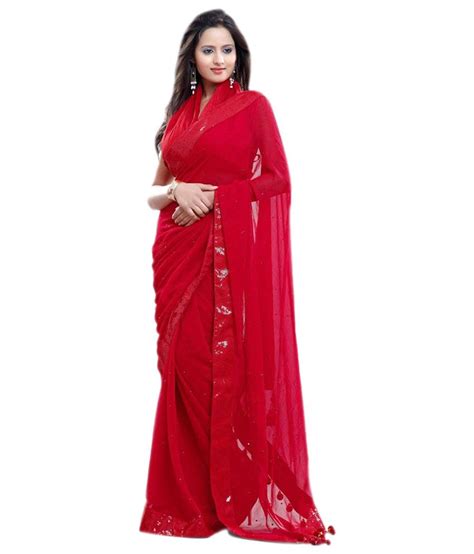 Bollywood Replica Sarees Red Pure Chiffon Plain Saree With Blouse Piece