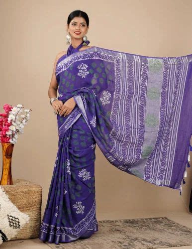 shivanya handicrafts women s linen hand block printed saree with blouse piece cl 026 at rs 650