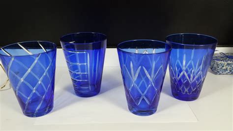 Set Of 4 Vintage Cobalt Blue Drinking Glasses Cups Art Deco
