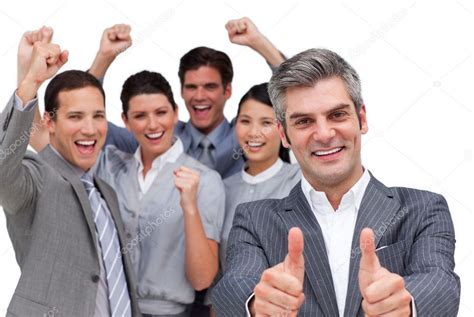 Happy Manager With Thumbs Up Standing With His Team — Stock Photo