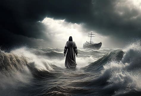 Jesús Camina Sobre El Agua A Través Del Mar Hacia Un Barco Ilustración