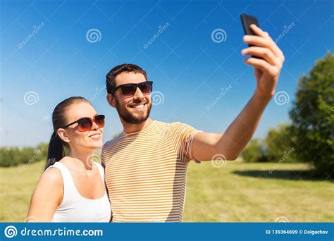 Happy Couple Taking Selfie By Smartphone In Summer Stock Image Image Of Clothes Leisure