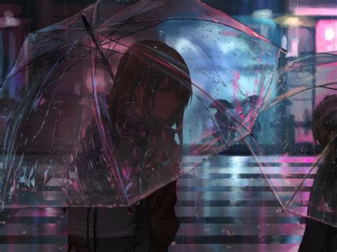 Download Wallpaper X Girl Umbrella Anime Rain Street Night