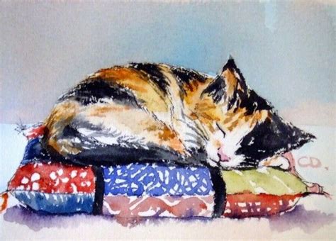 Tiny Calico Kitten Sleeping On A Pillow Watercolour Painting By