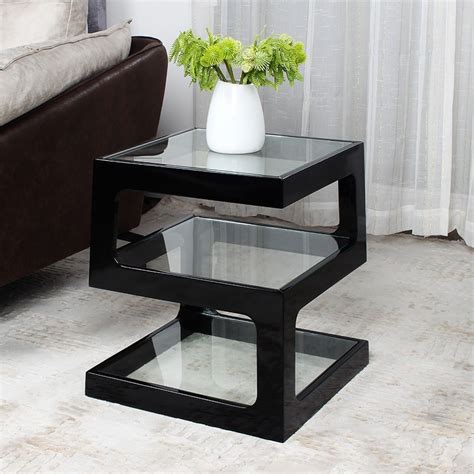 Black Modern Unique Square Side Table Storage End Table With Shelf 3 Tier Tempered Glass Glass