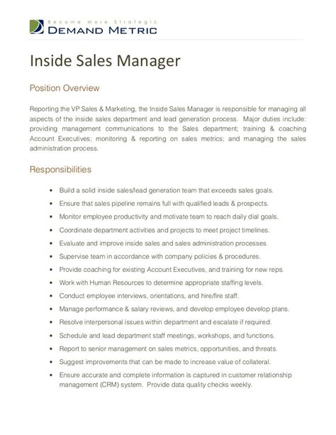 Inside Sales Manager Job Description