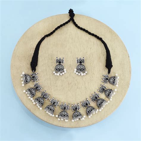 Afghani Silver Lookalike Brass Oxidised Choker Necklace Earrings Set