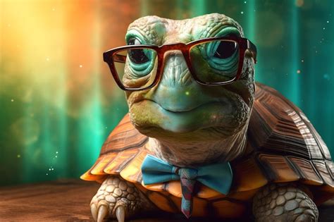 Premium Photo A Turtle Wearing Glasses And A Bow Tie Sits On A Log
