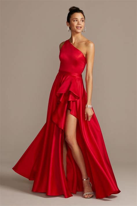 One Shoulder Asymmetric Satin Cascade Gown David S Bridal In 2021 Red Ball Gowns Necklines