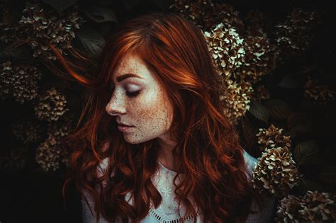 Women Redhead Closed Eyes Freckles Face Dominic Krug Profile