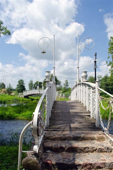 White Decorative Bridges Through Park Stream Sky Stock Photo Image Of
