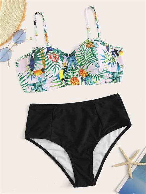 Shein Random Tropical Bustier Top With High Waist Bikini Set Bikini