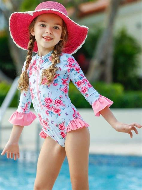Girls Ready For The Sun Rash Guard One Piece Swimsuit Blue T T In Babe Girl