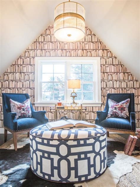 Library Inspired Eclectic Sitting Room With Bookshelf Wallpaper Accent Wall Navy Striped