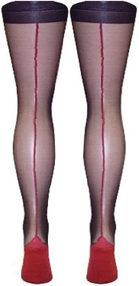 Black With Red Seams Stiletto Heel Seamed Stockings Xl Uk