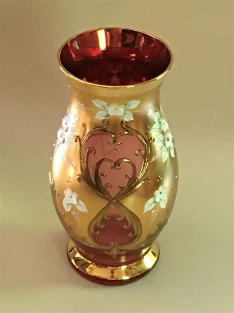 Bohemia Czech Republic Gold High Enamel Cranberry Handmade Crystalex Vase Ebay