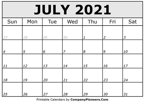July 2021 Calendar Printable Printable 2020 Calendars July 2021 Calendar