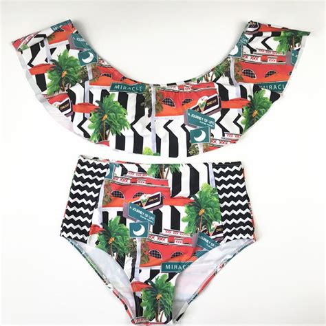 Sexy Printed Off Shoulder Bikini Set Ruffled Swimsuit Bandeau Bikinis