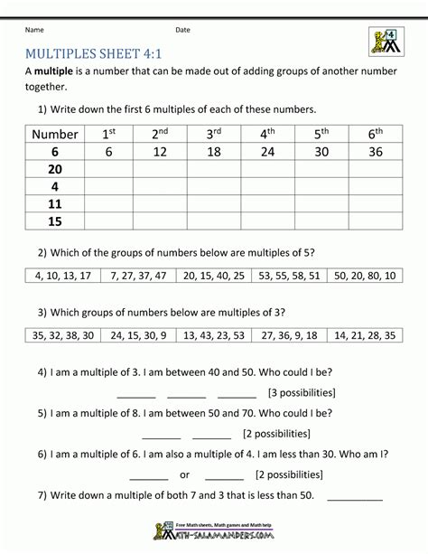 Multiples Worksheet Year 6 Free Printable