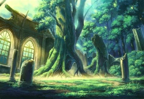 Anime Art Anime Scenery Abandoned Building Ruins Trees
