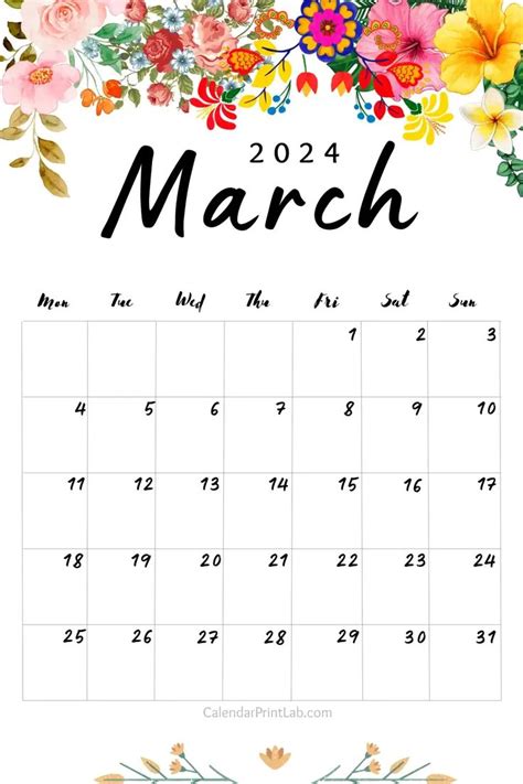 Printable March 2024 Flower Calendars March Calendar Printable